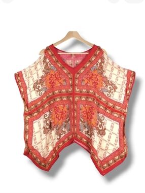 Moon Orchid Kimono Popover Top Small Pink Orange Viscose Open Shoulder‎
